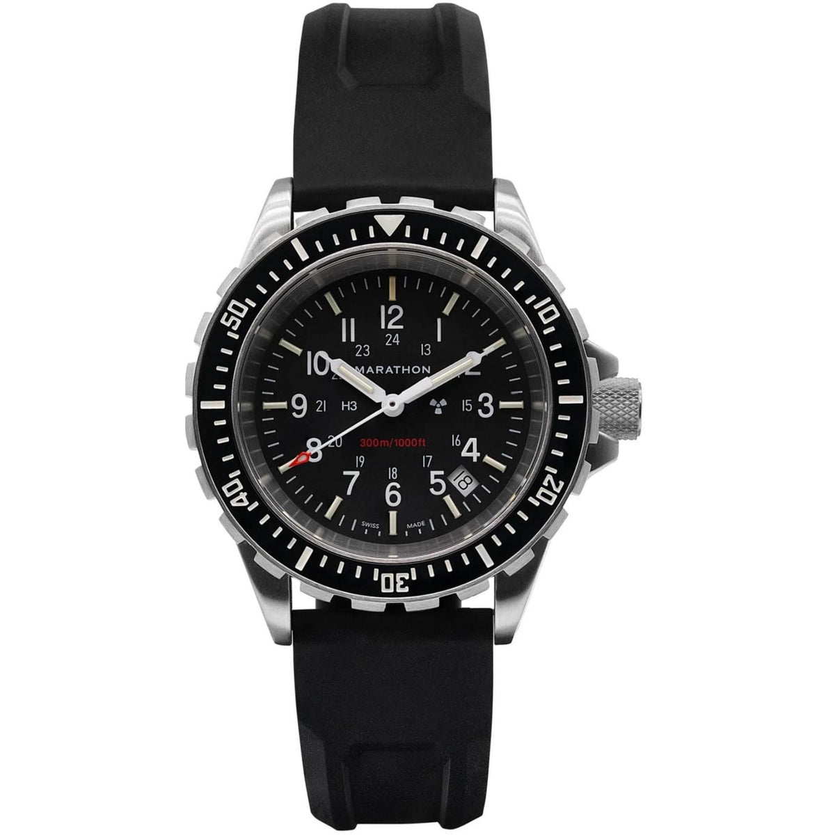 Men’s diver watch with black dial, black rubber strap, and rotating bezel markers.
