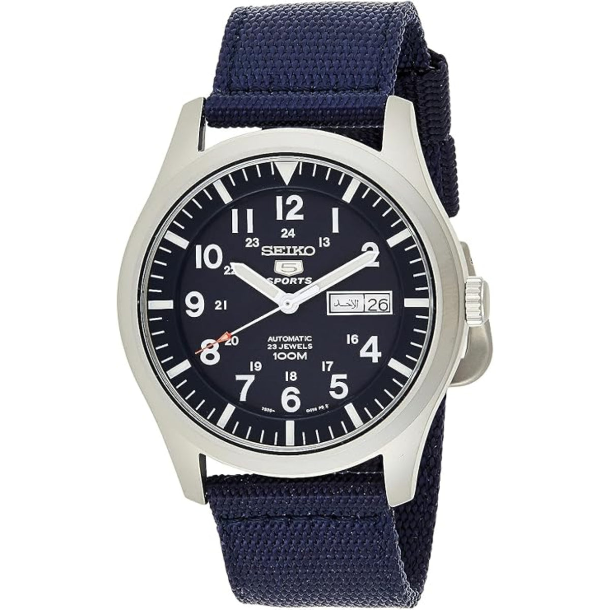 Men's Seiko 5 Sports automatic watch, blue dial, steel case, navy canvas strap