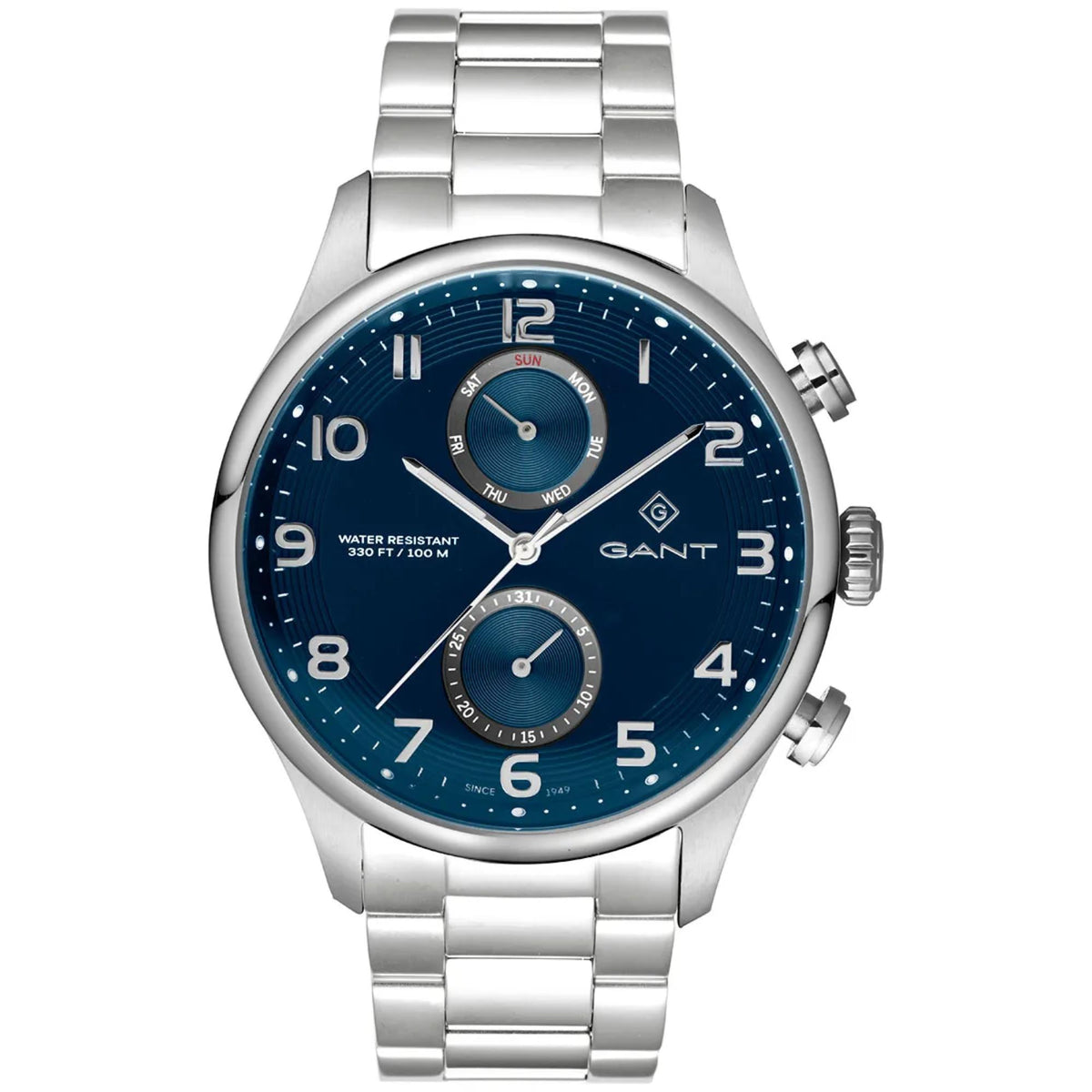Men's steel bracelet watch with blue quartz dial, three hands and two subdials