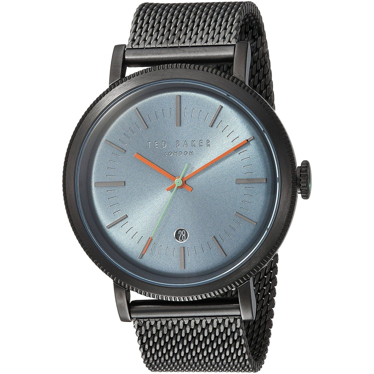 Men's mesh bracelet watch with blue dial and black metal case, orange second hand accents