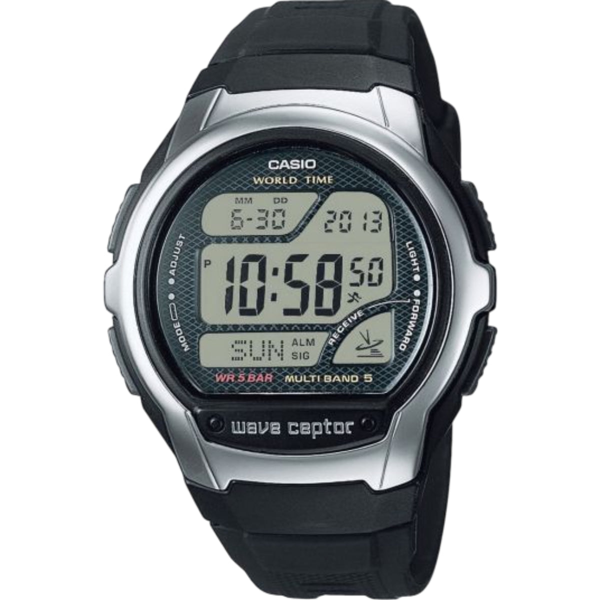 Black resin digital wristwatch with LCD display and silver-tone bezel, Wave Ceptor