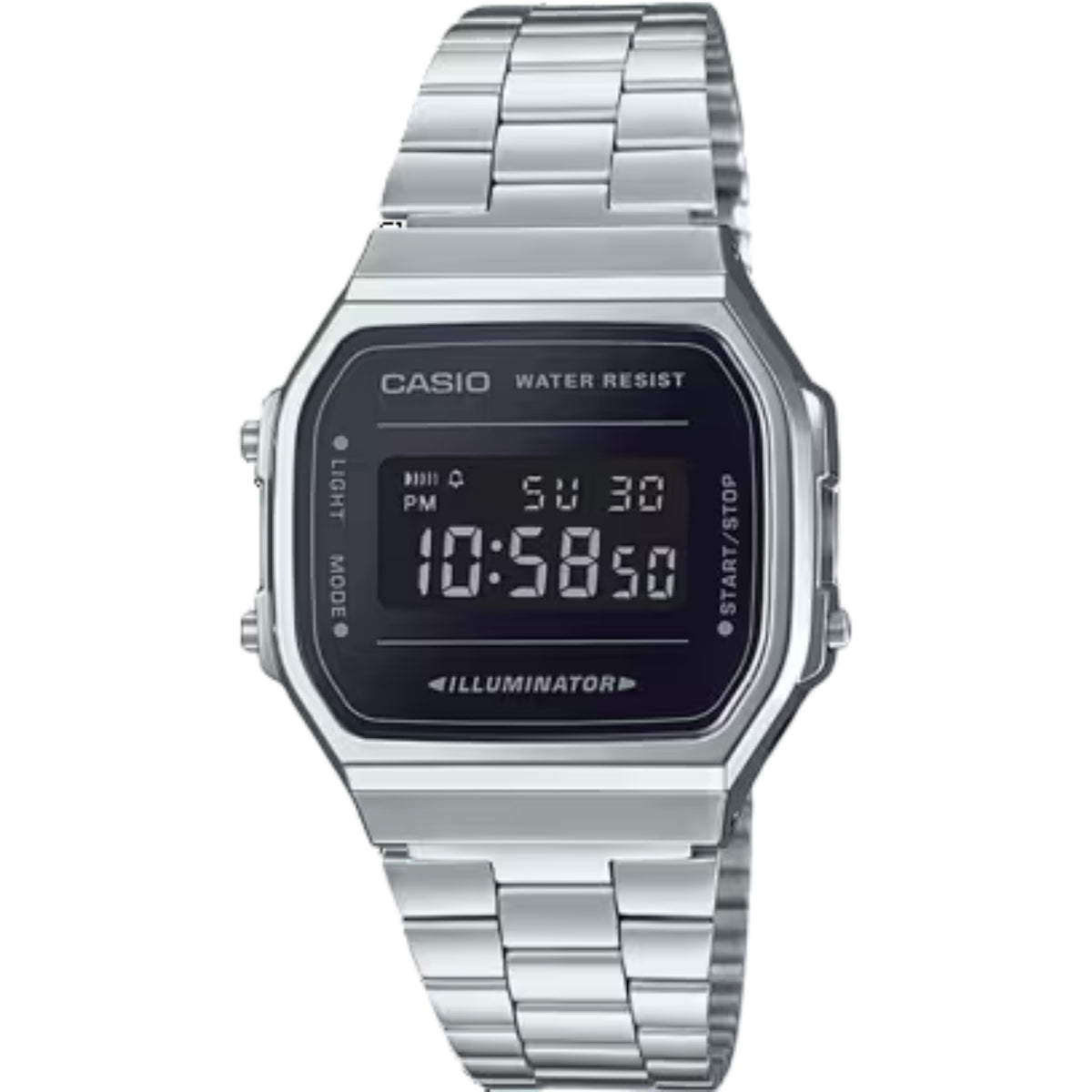 Front studio view of the Casio Vintage Retro A168WEM-1EF Illuminator digital watch featuring a silver stainless steel bracelet and dark rectangular display