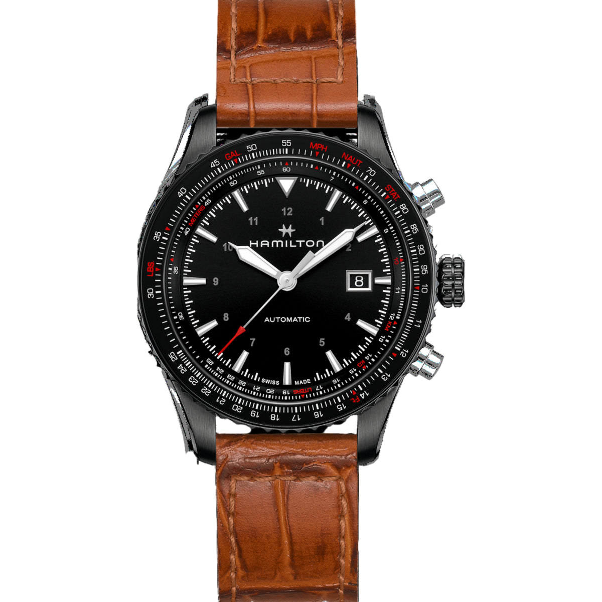 Men's automatic wristwatch with black dial, brown leather strap, textured bezel.