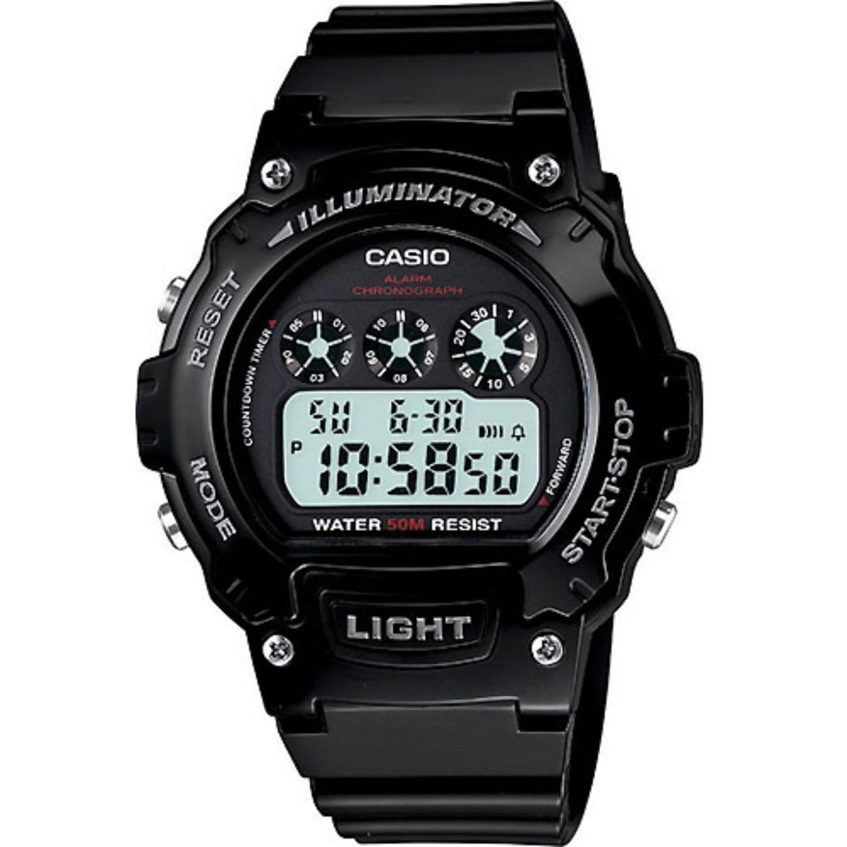 Casio men’s digital sport alarm chronograph watch with black strap and illuminated display