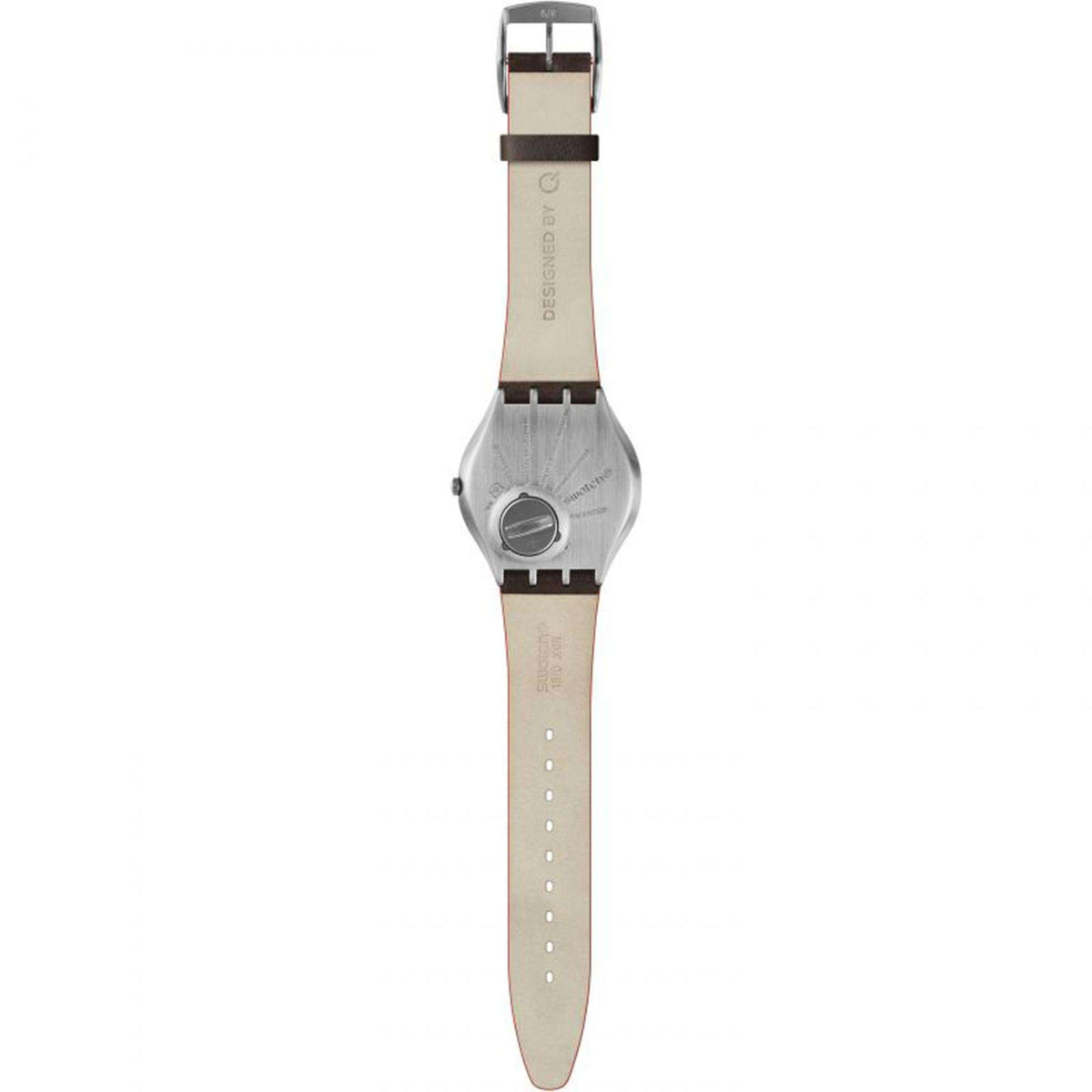 Men's watch caseback on dark brown leather strap with metal buckle