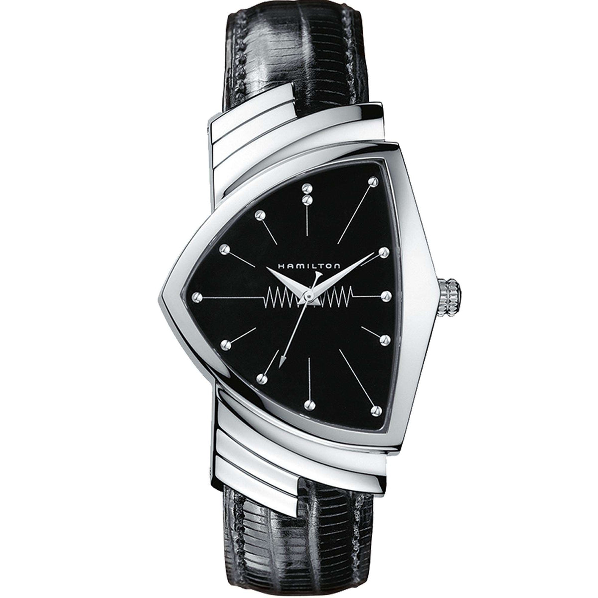 Hamilton Ventura 1957 Recreation MIB black dial leather quartz watch H24411732 front view
