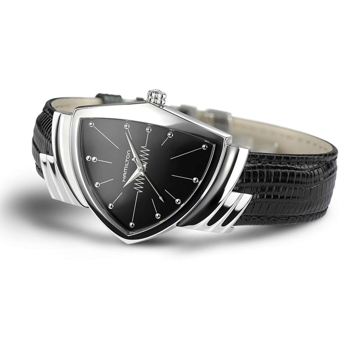 Hamilton Ventura watch with a triangular stainless steel case, black dial, and black leather strap