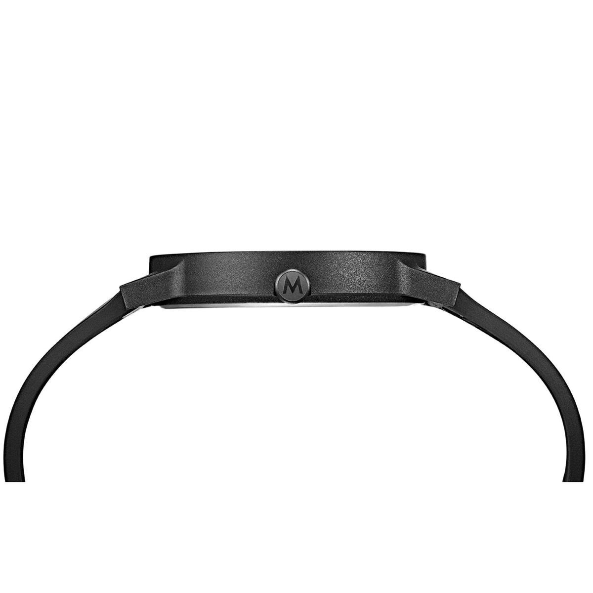 Side profile view of Mondaine Essence MS1.41110.RB slim casual watch highlighting the dark matte bezel and textured adjustment crown