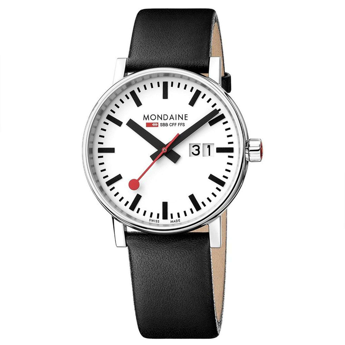 Mondaine Evo2 black leather strap watch, white dial with red accents and date window