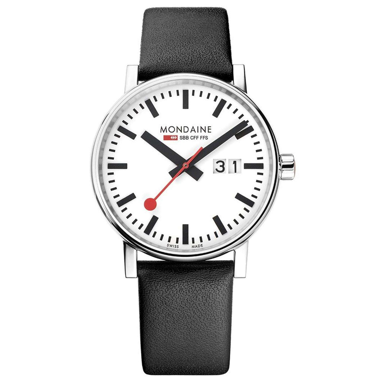 Close-up Mondaine Evo2 black leather strap watch with white dial and date at 3