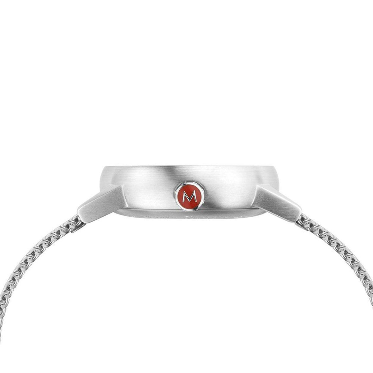 Sleek side profile view of Mondaine Evo2 MSE.30210.SM steel case showing the red enamel 'M' logo adjustment crown
