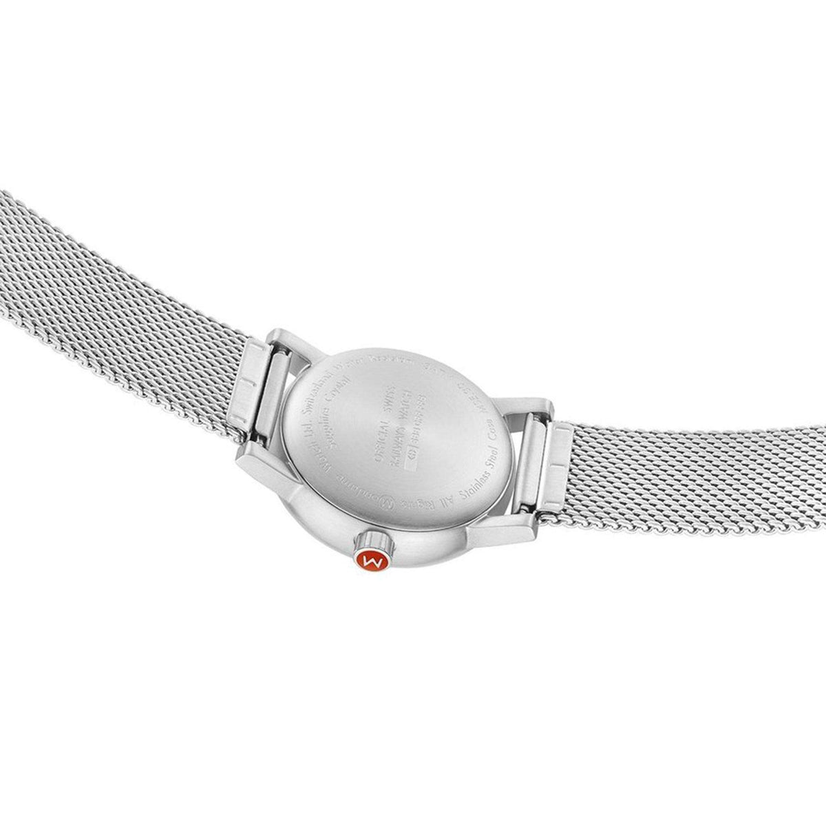 Stainless steel case back view of Mondaine Evo2 MSE.30210.SM Swiss Railways watch displaying official SBB inscriptions and mesh band link