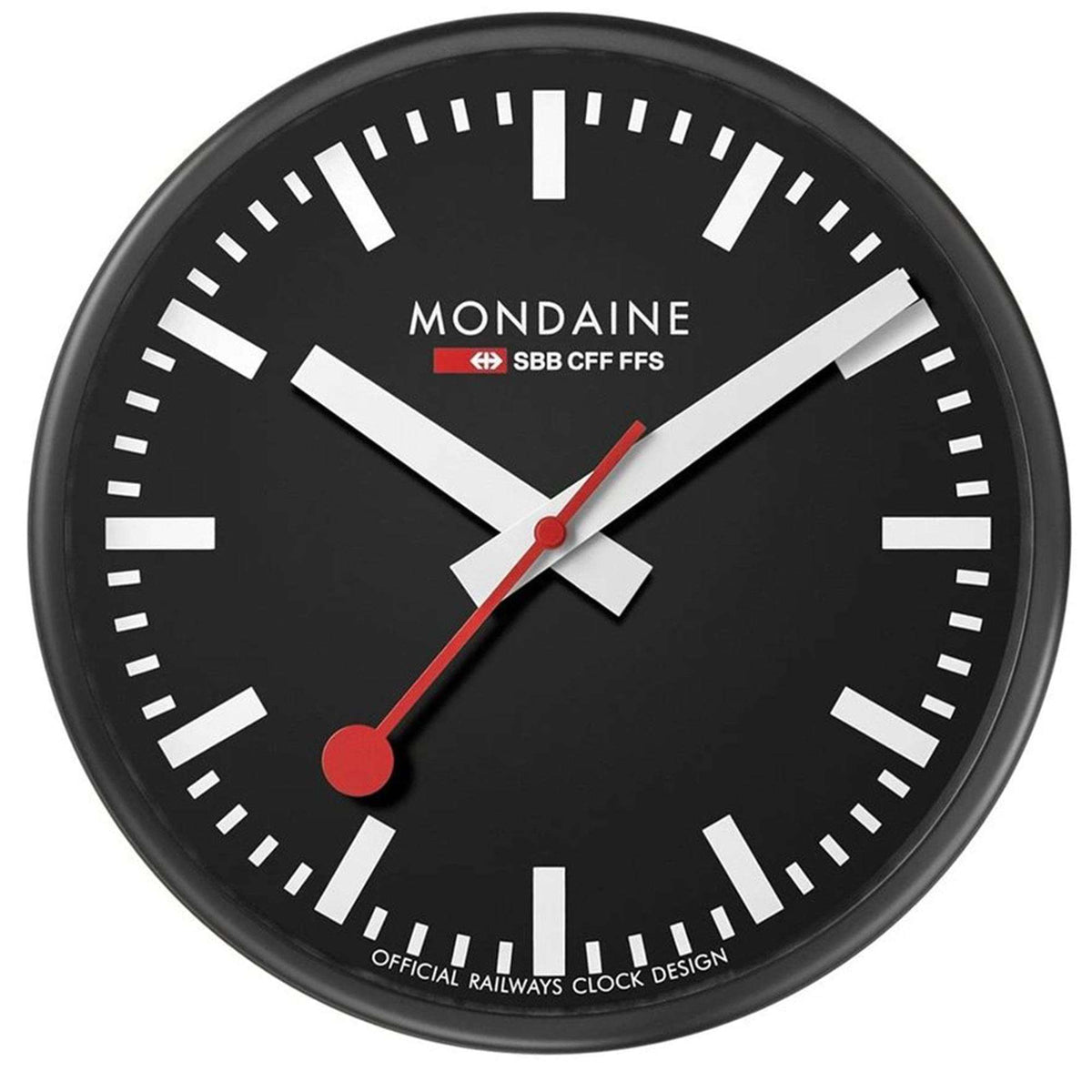 Mondaine wall clock A990.CLOCK.64SBB front view with black face, white hands, and red second hand