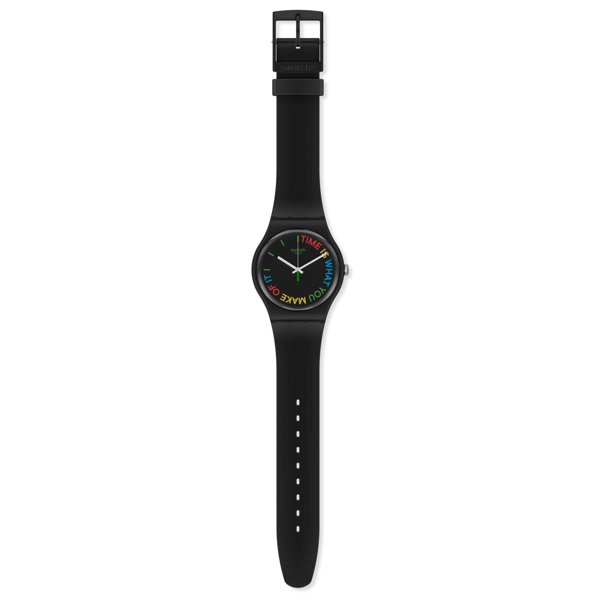 Black quartz wristwatch with black silicone strap and round black dial with green accents