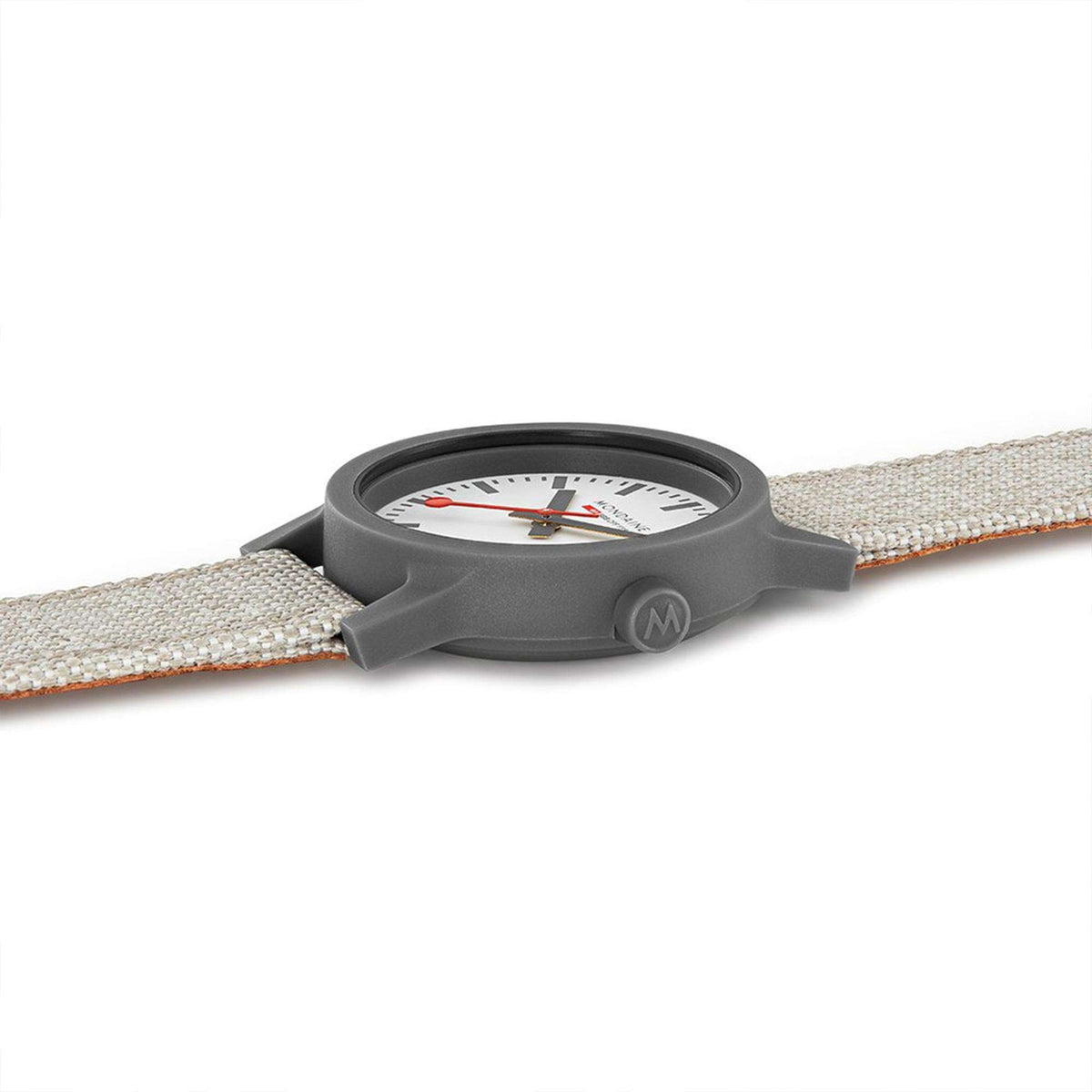 Quartz watch with gray case and white dial, showing beige fabric textile strap