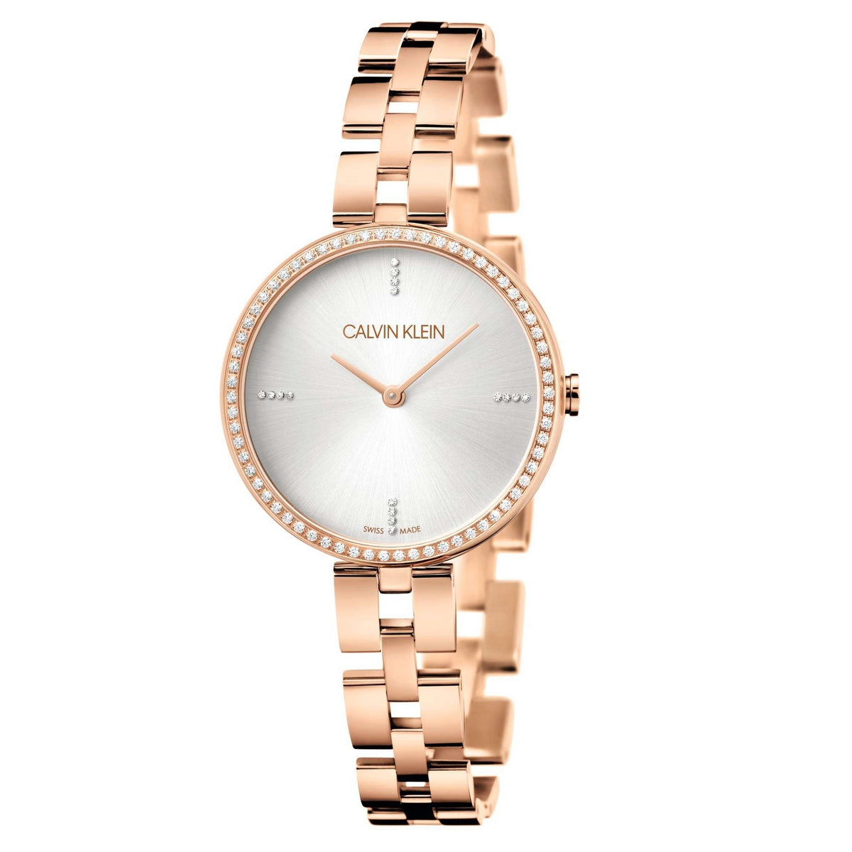 Women’s quartz wristwatch with rose-gold stainless bracelet, silver dial, crystal bezel