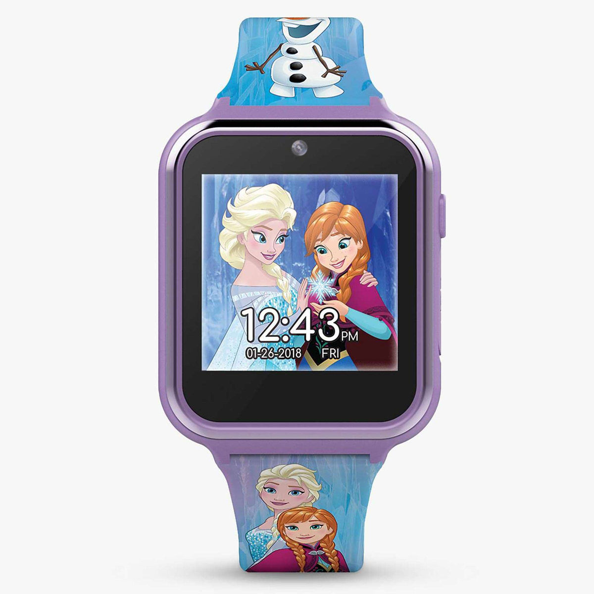 Kids digital watch with purple case, blue silicone strap, Frozen character graphic, and 12:43 screen