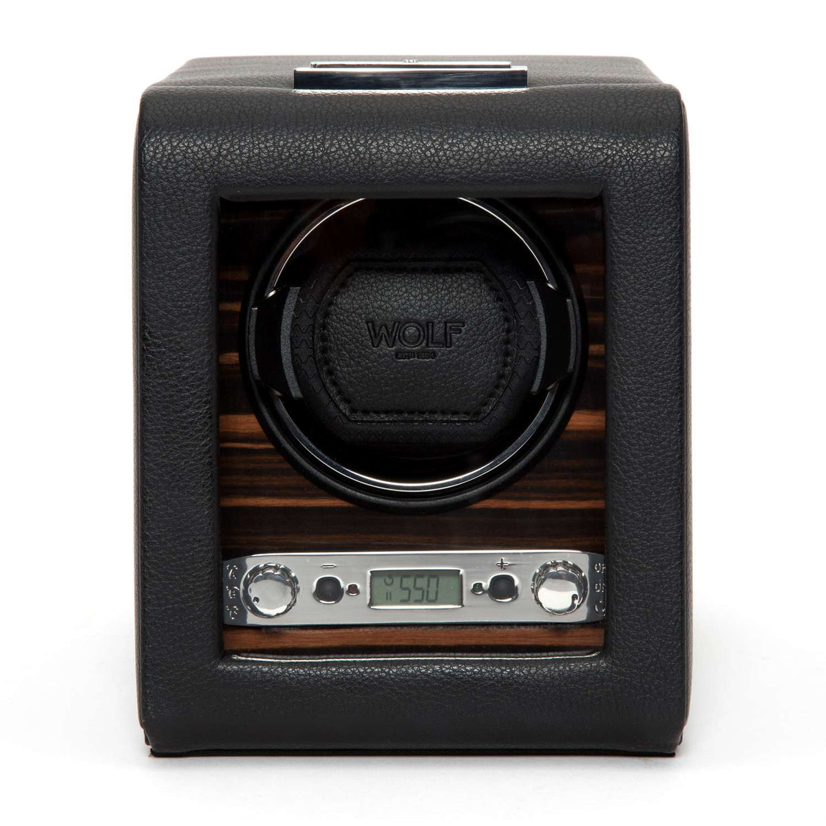 Single watch winder in dark leather-look housing with circular rotating cushion and display panel