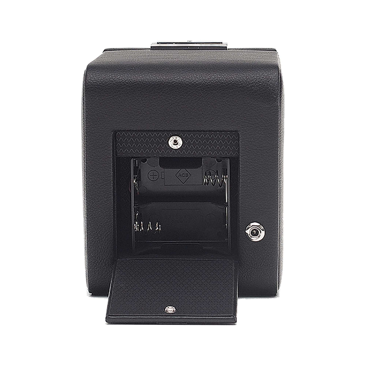 Single watch winder with open front compartment and dark leather-look interior backing