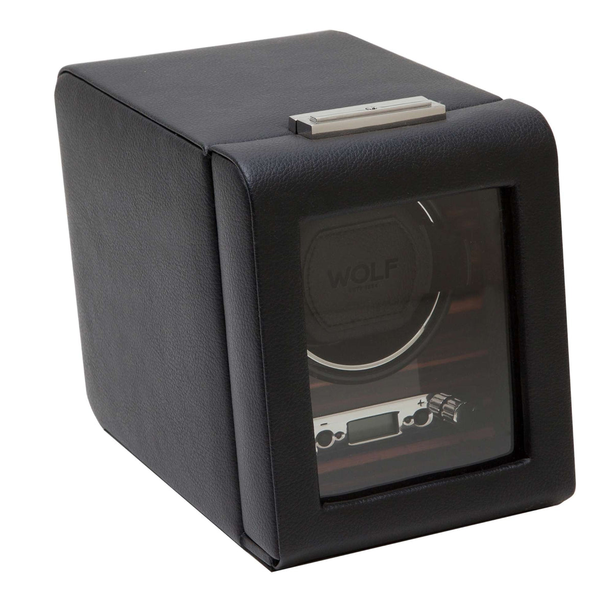 Single watch winder with front window revealing rotating cushion inside dark leather-look casing