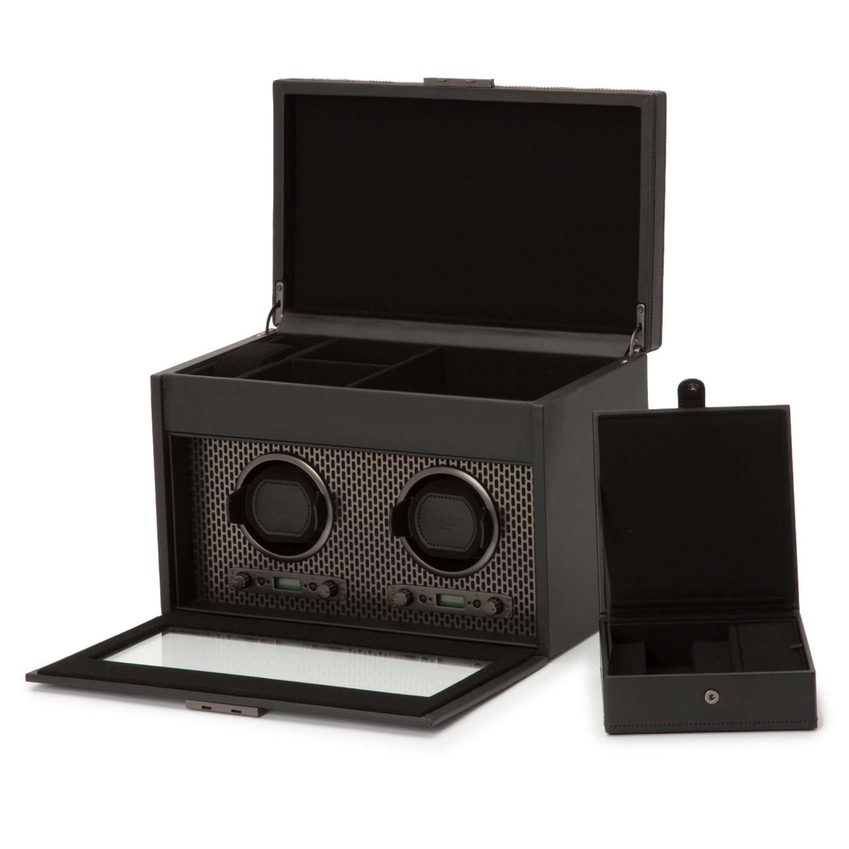 Black double watch winder open with two winding pads and front compartment drawer