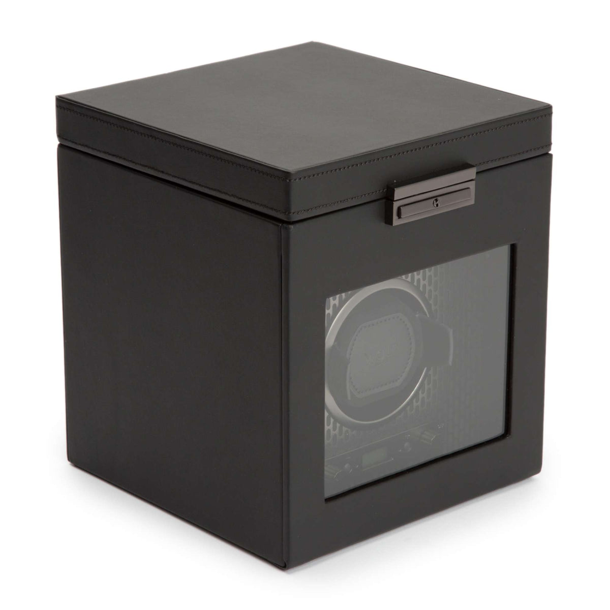 Black single watch winder with storage box, top lid and side control drawer