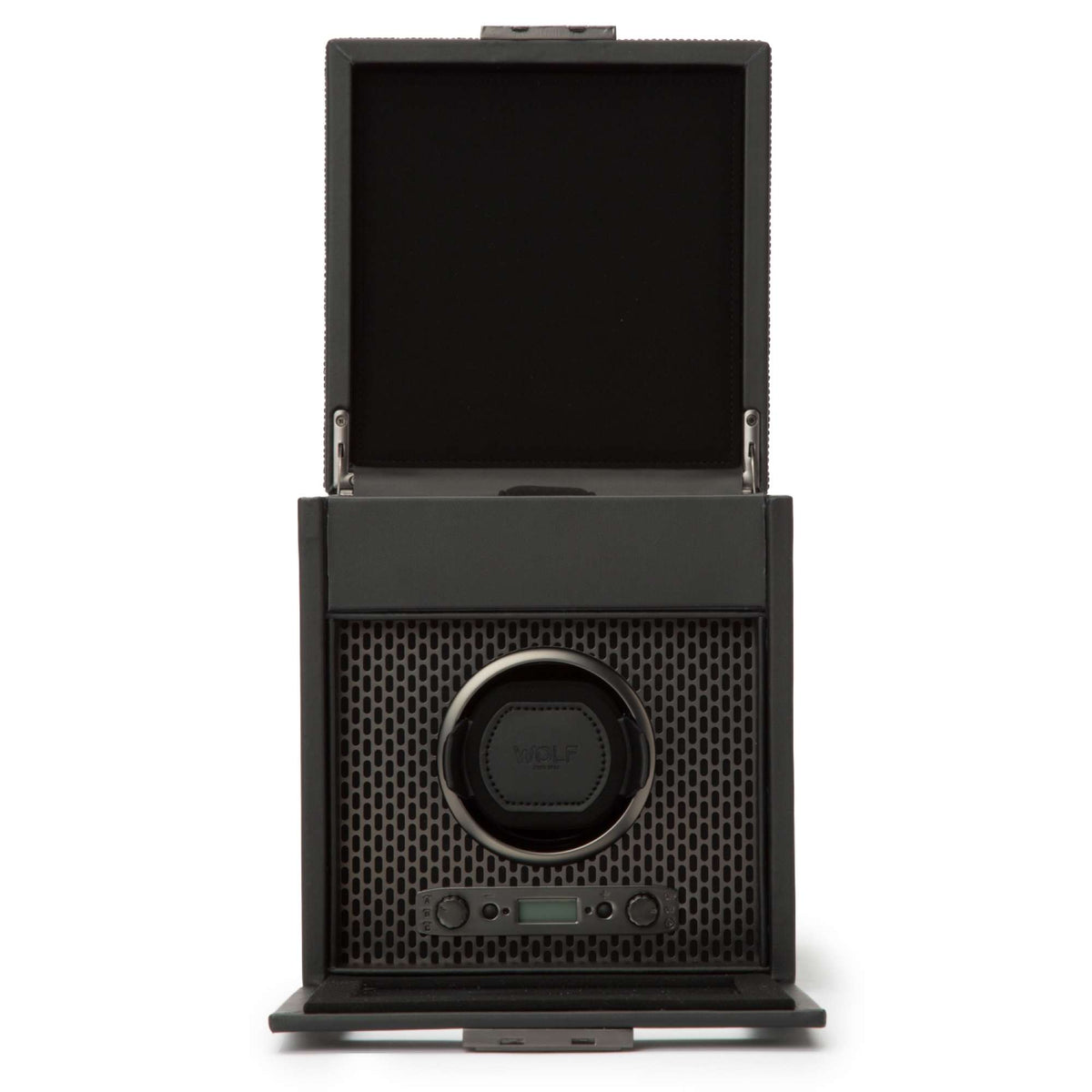 Open black single watch winder with storage, circular cradle and control panel display