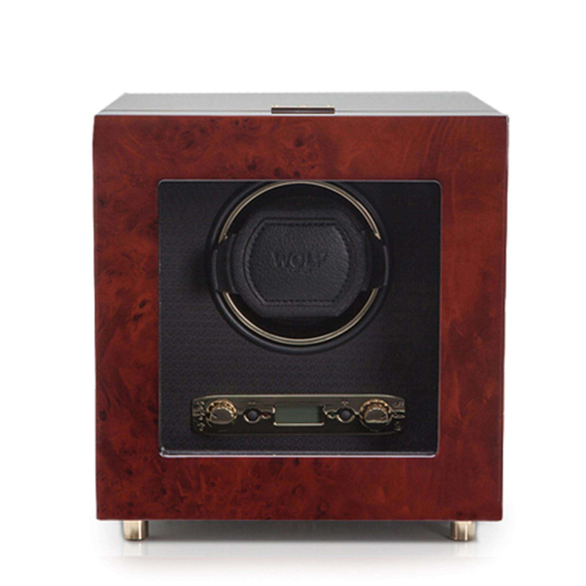 Single watch winder with dark front window, circular cradle, and burl wood cabinet.