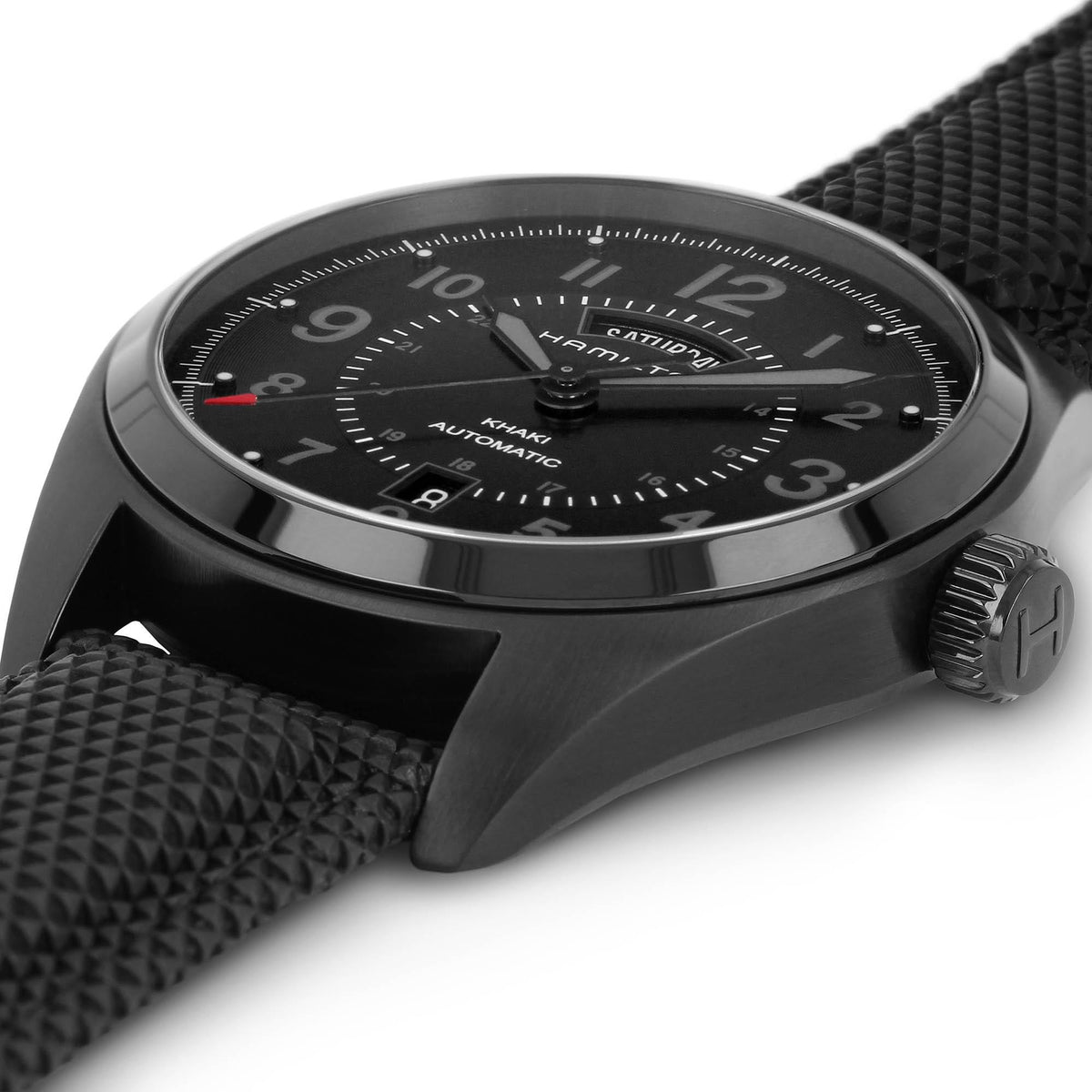 Men's automatic watch with black dial, large numerals, and textured black strap