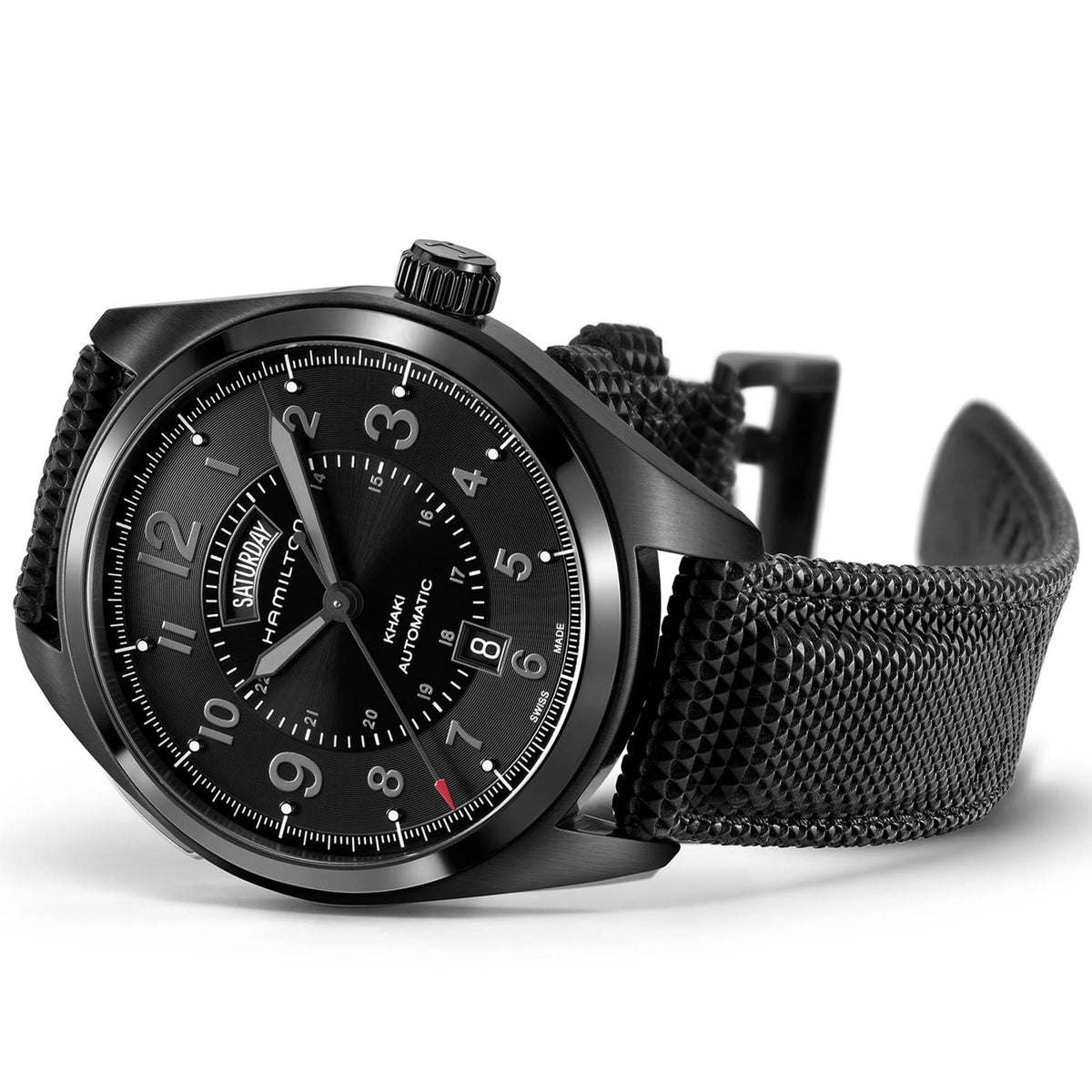 Men's automatic watch with black dial and textured black mesh strap, side view