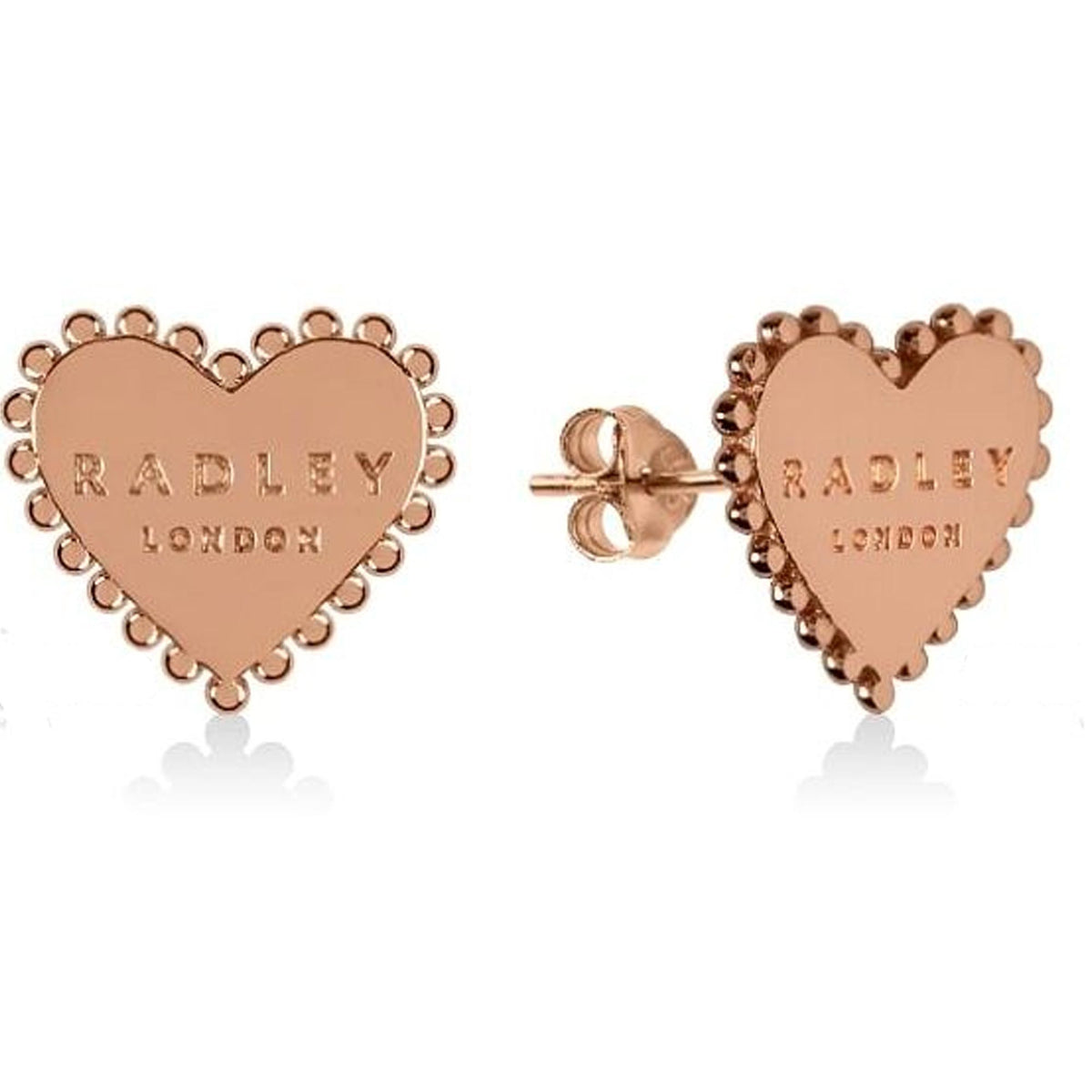 Rose gold-plated heart stud earrings with beaded edge and RADLEY London engraving