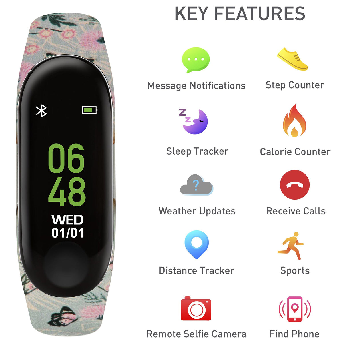 Floral strap smart fitness tracker with black screen and health-tracking feature icons.