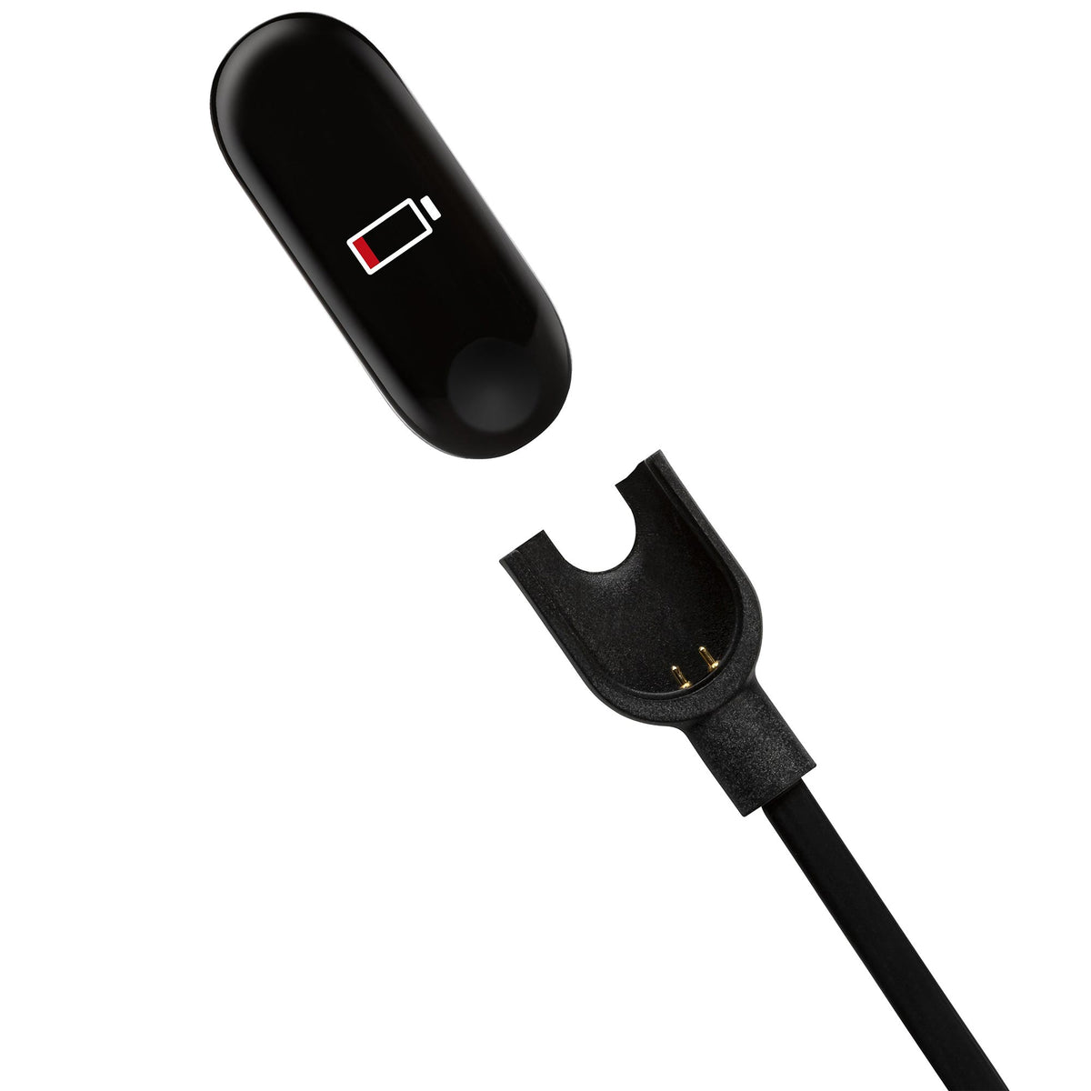 Black charging cable with USB plug and contact end for fitness tracker.