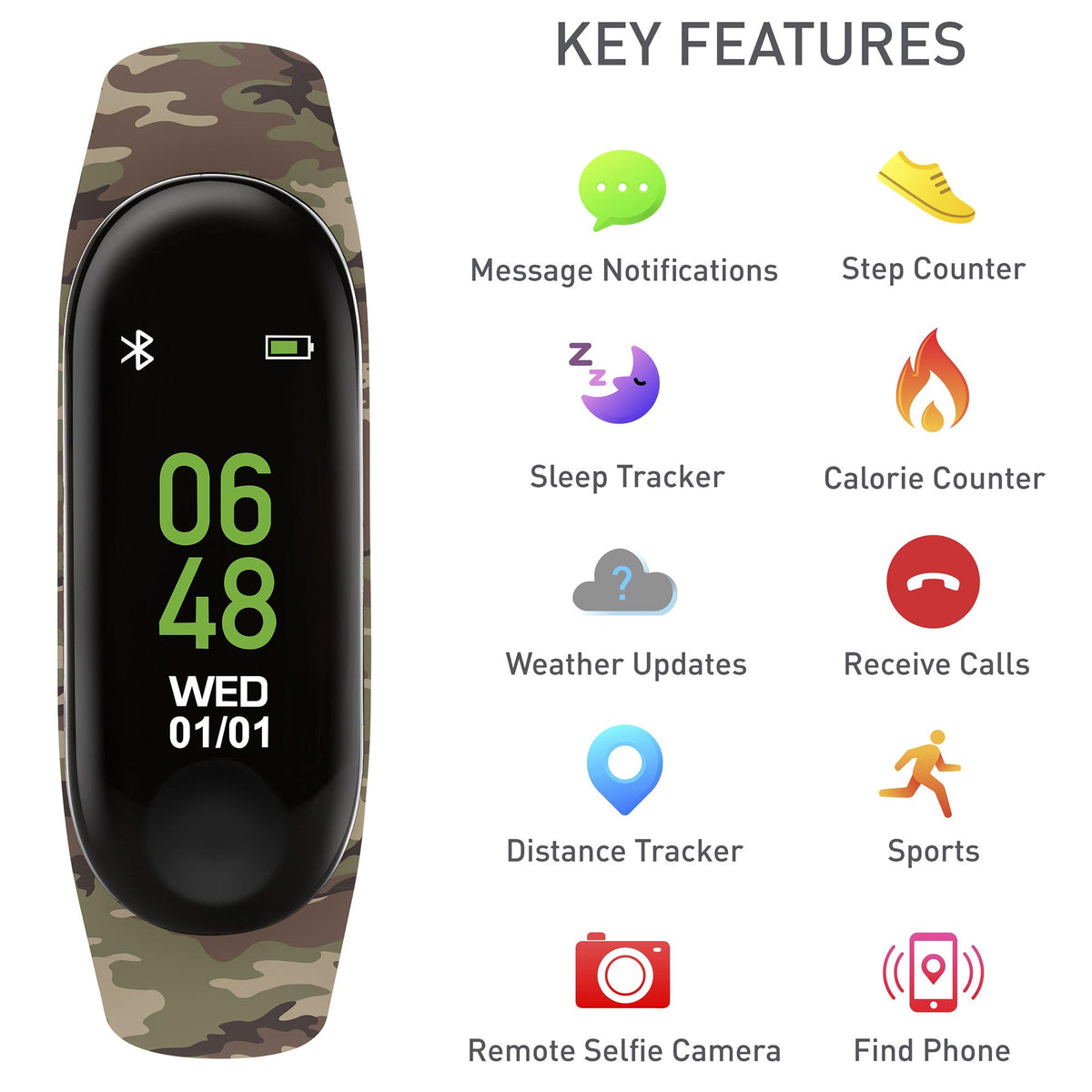 Camo fitness tracker watch with digital display and key feature icons