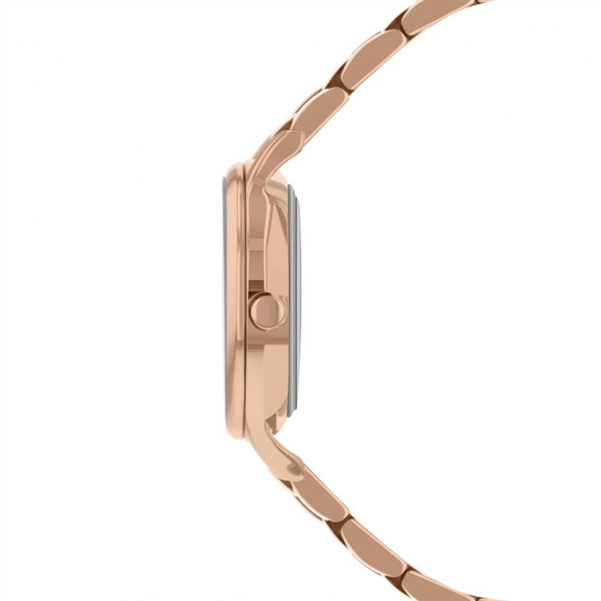 Rose-gold tone wristwatch side view with crown and link bracelet