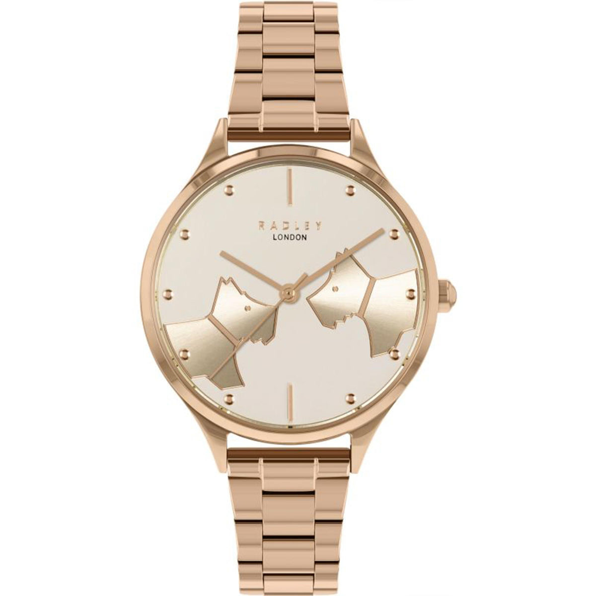 Rose gold ladies bracelet watch with round cream dial and map-style detailing