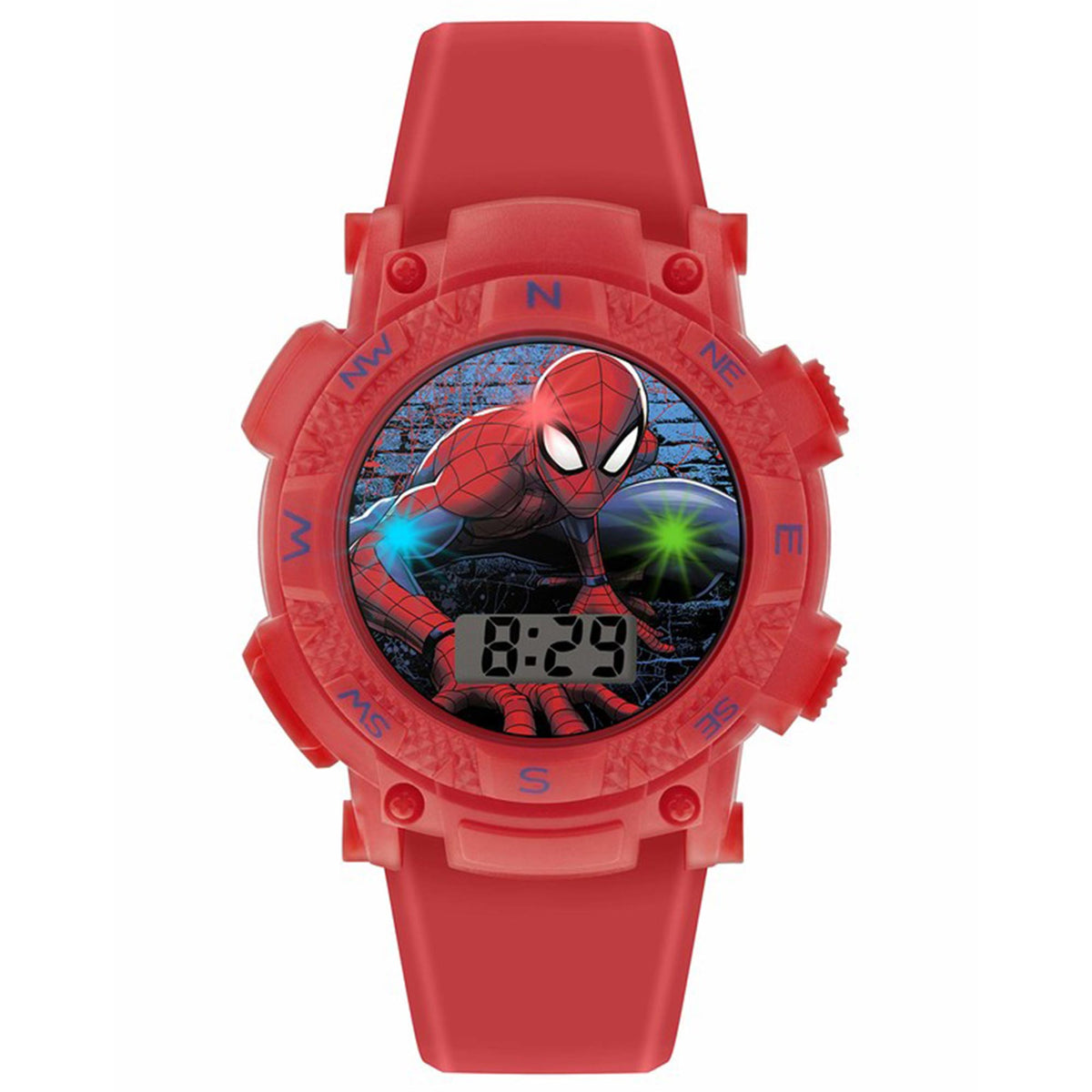 Boys red silicone strap digital watch with Spiderman graphic and glowing time display
