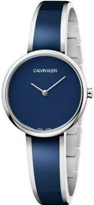 Calvin Klein ladies watch with blue dial, silver case, and blue stainless strap