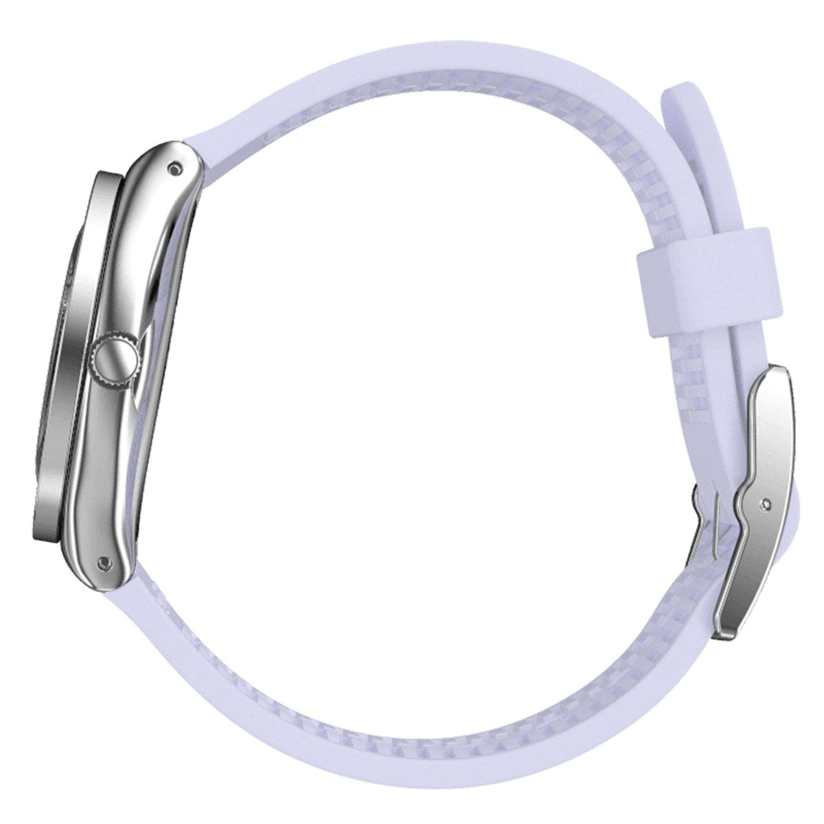 Lilac silicone strap ladies watch case with visible side profile and buckle