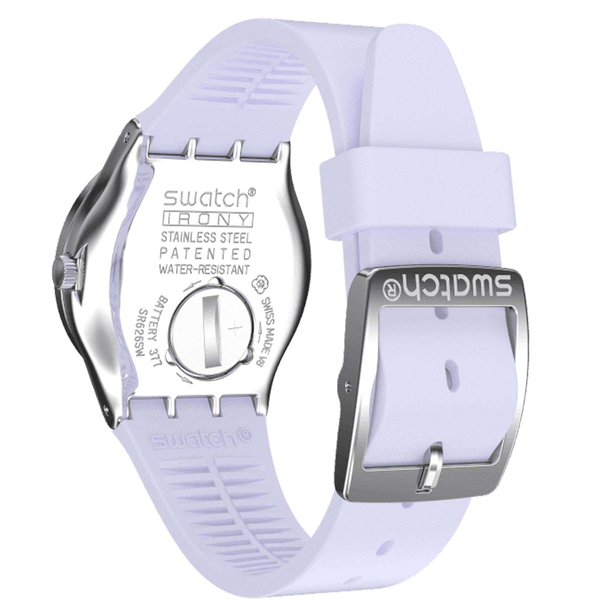 Lilac silicone strap ladies watch shown from the back with clasp and crown