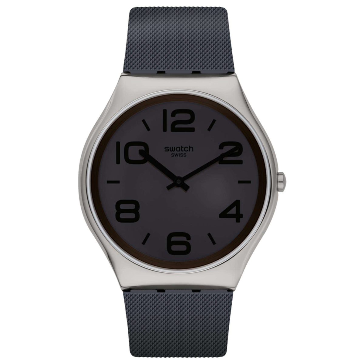 Round quartz watch with dark brown dial, black textured rubber strap, silver case