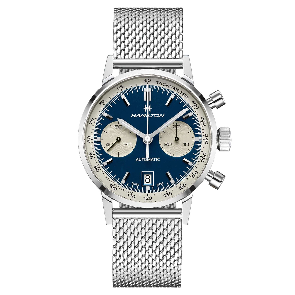Automatic chronograph watch with blue dial, steel bracelet, and subdials