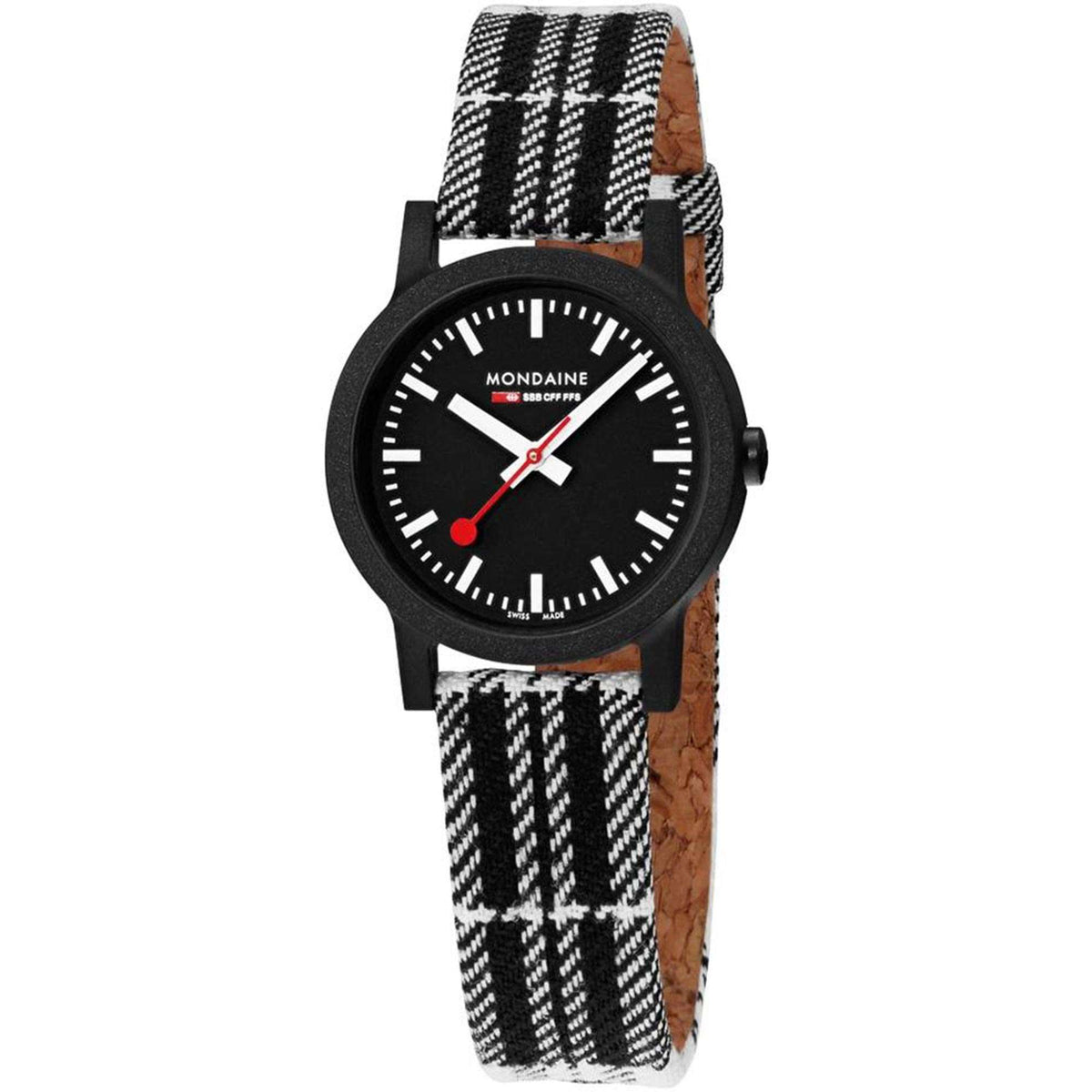 Ladies quartz wristwatch with black dial, red second hand, and black tartan fabric strap