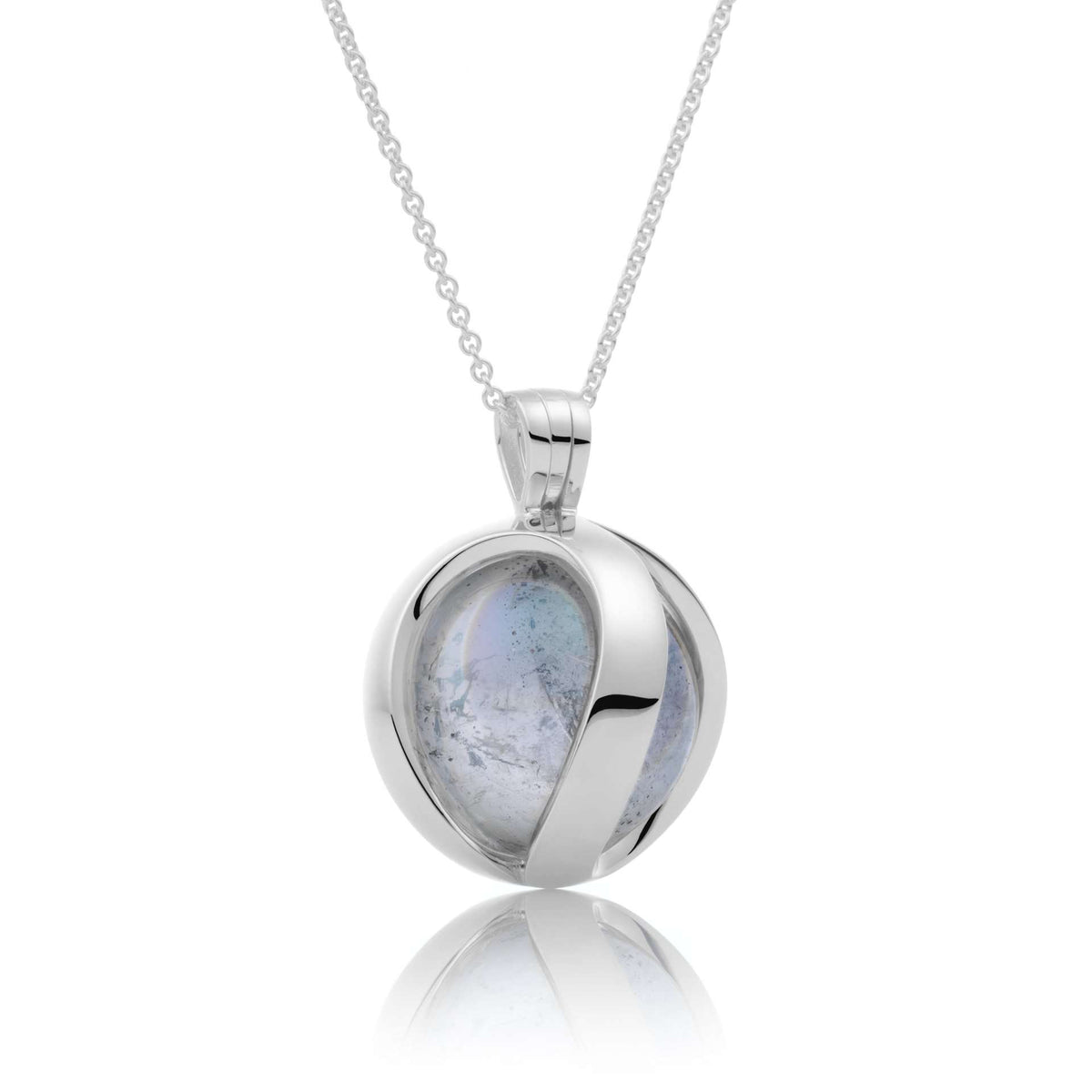 Polished 20mm silver-tone teardrop pendant with blue-gray stone, on chain