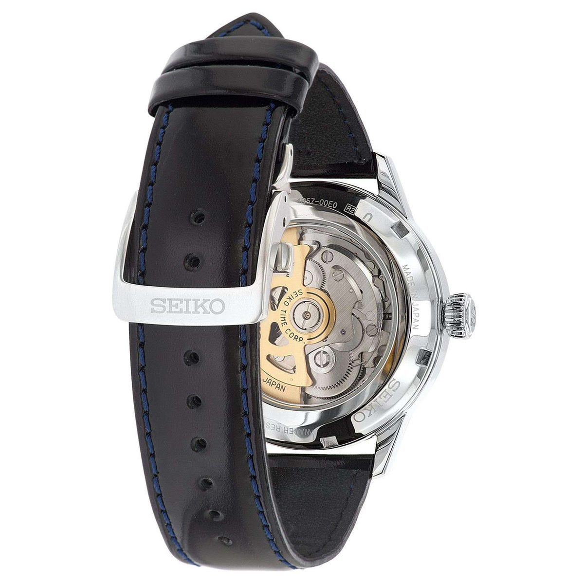 Men's automatic watch caseback view, black leather strap with blue stitching