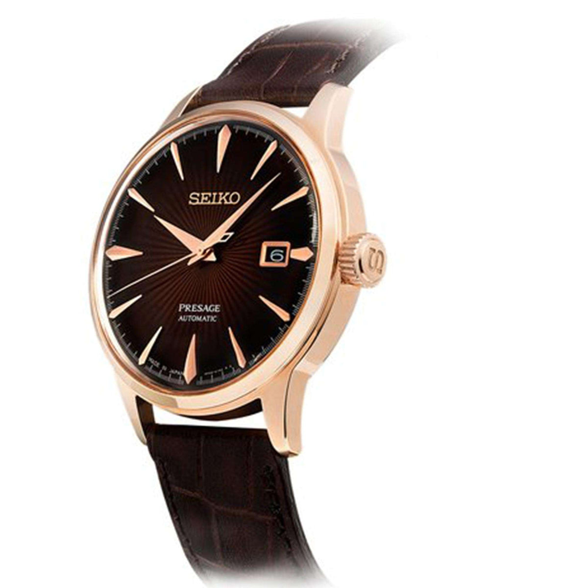 Rose-gold case brown dial automatic wrist watch with brown leather strap, three-quarter view