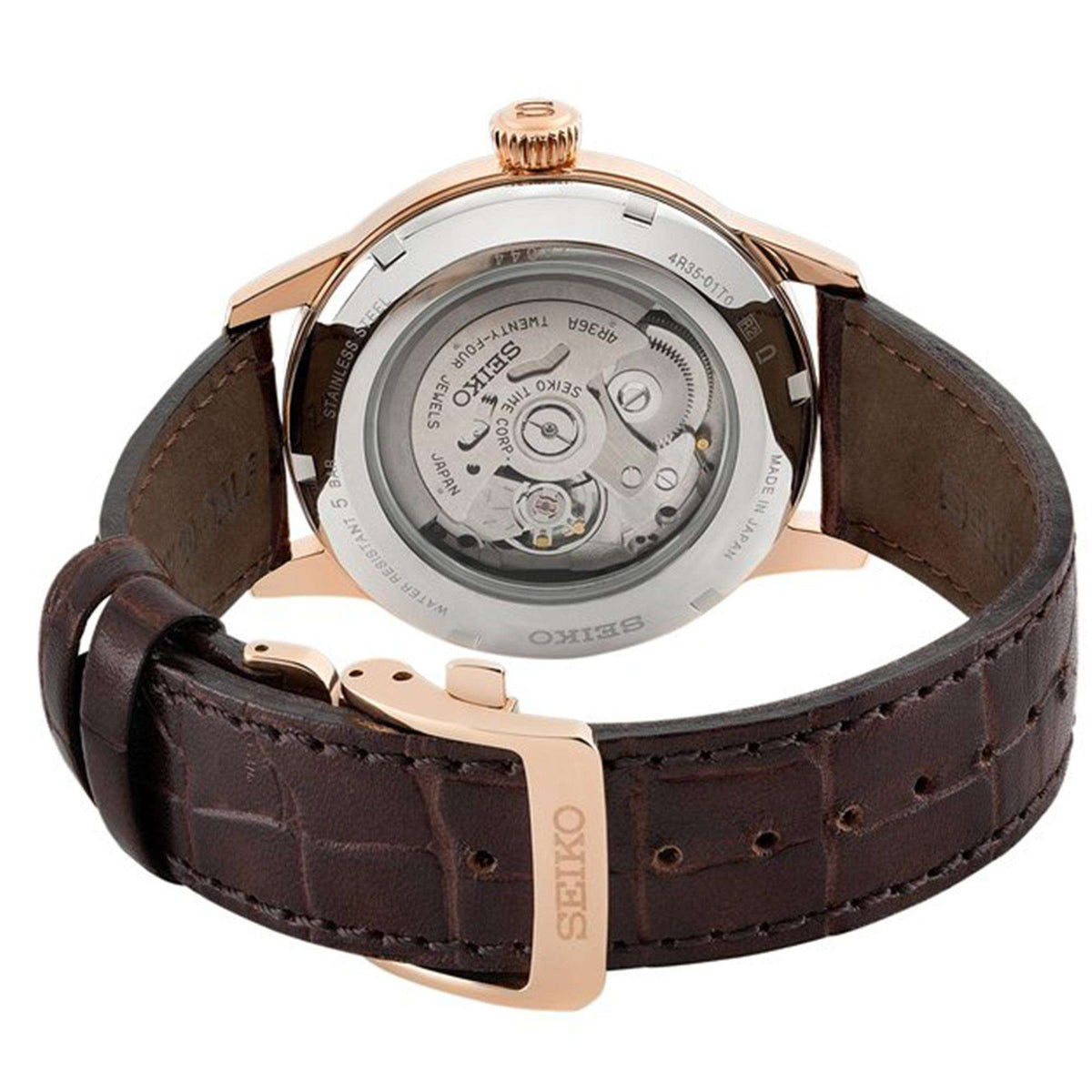 Back view of brown leather strap automatic wrist watch with rose-gold case