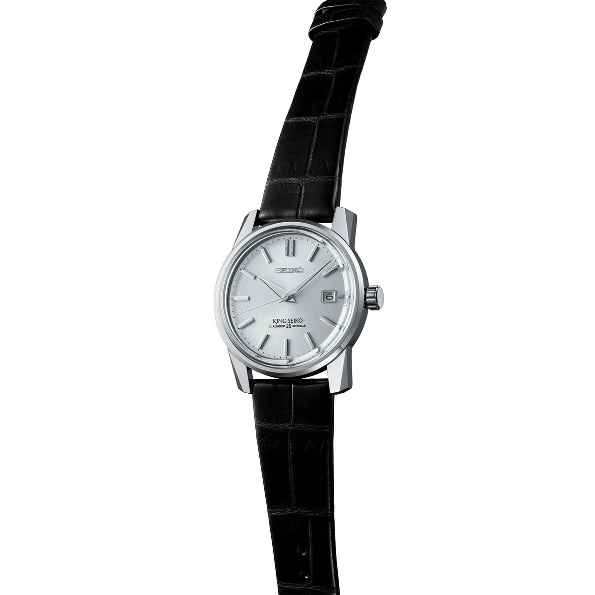 Automatic men’s wrist watch with silver case, black leather strap, and silver dial.