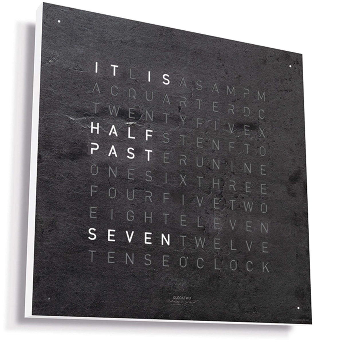 QLOCKTWO framed wall clock with dark face and word-based time layout