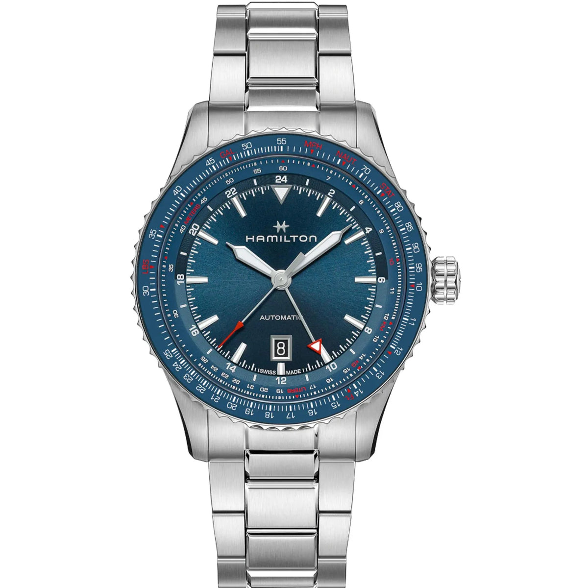 Men's automatic steel watch with blue dial, bezel, and stainless bracelet.